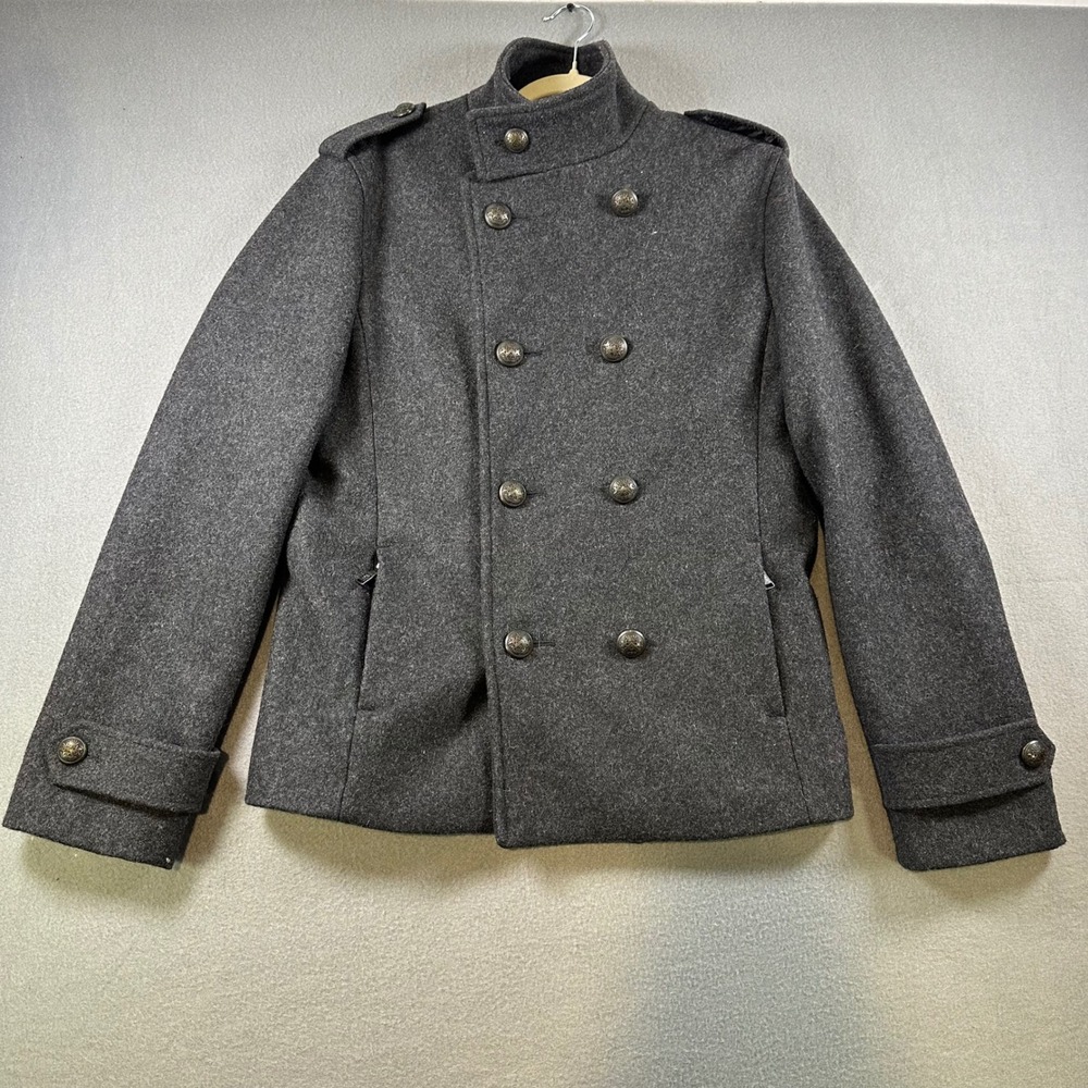 Express Mens Wool Blend Double Breasted Military Pea Coat Charcoal Gray ID 43097